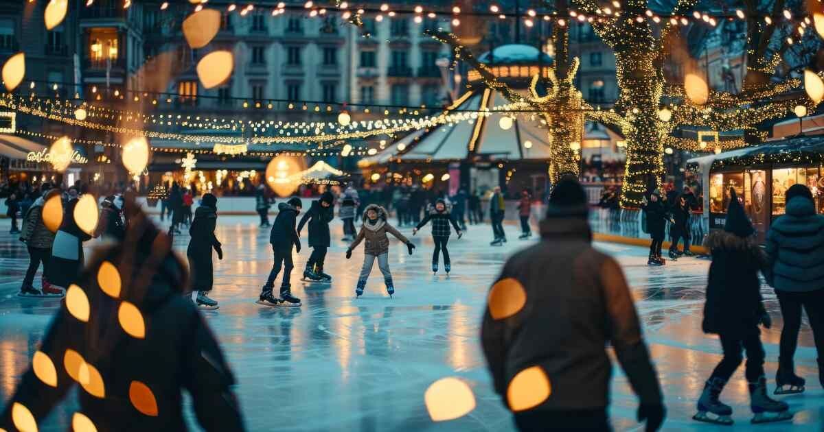 outdoor community skating rink with skaters and sparkling lights 